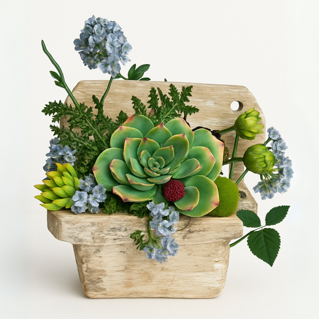 Rustic Succulent Garden in Wooden Oil Pot