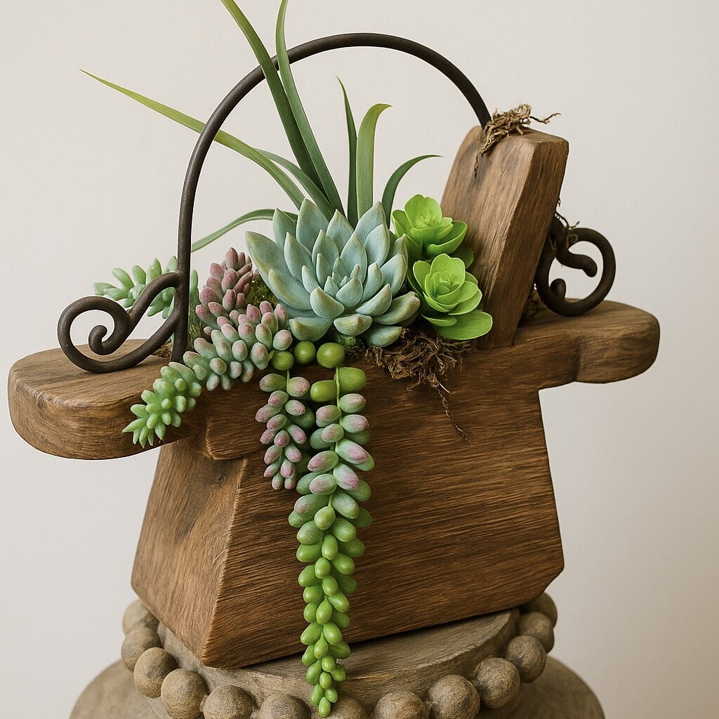 Lush Succulent Arrangement in Rustic Wood Oil Pot