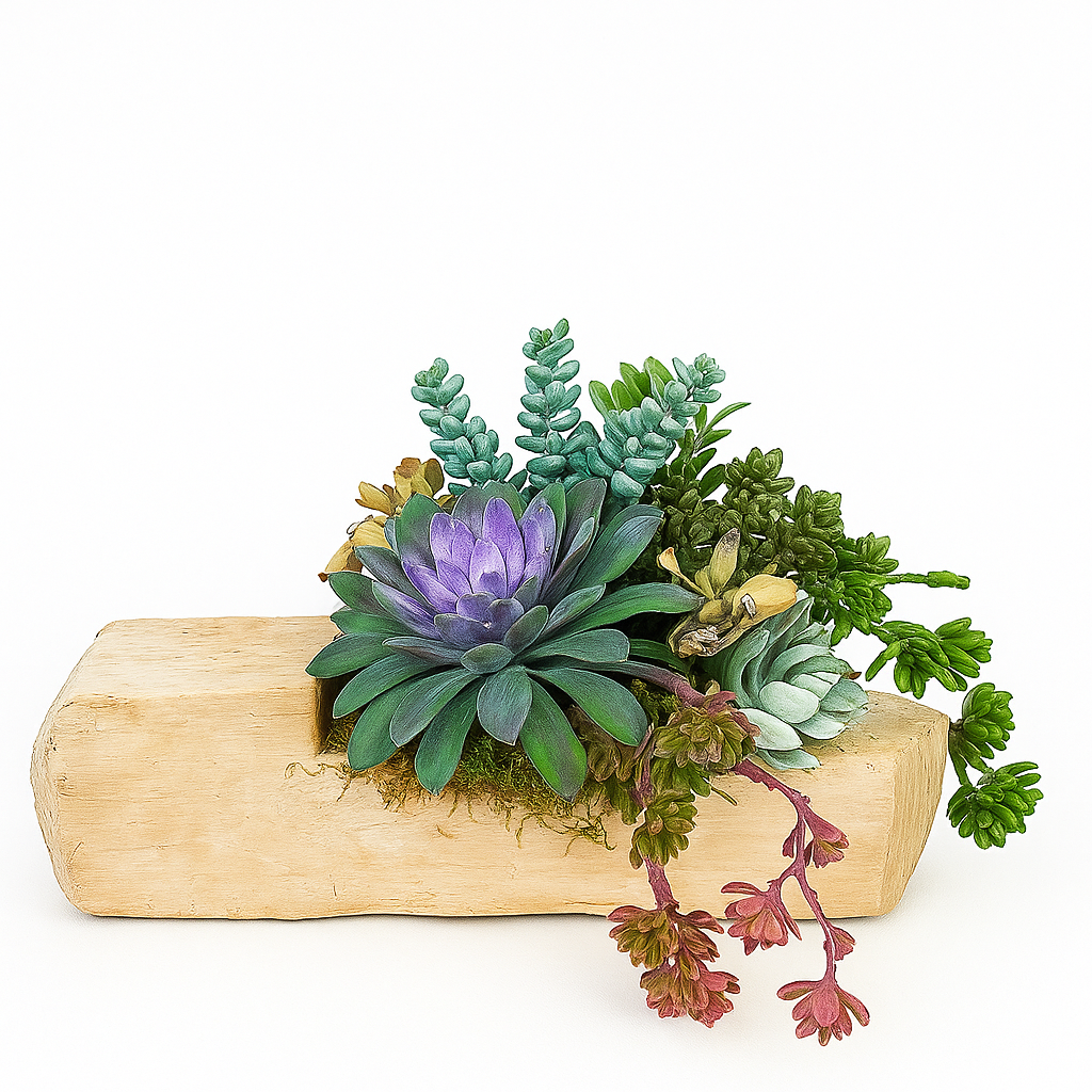 Succulent Arrangement in Rustic Wood Block