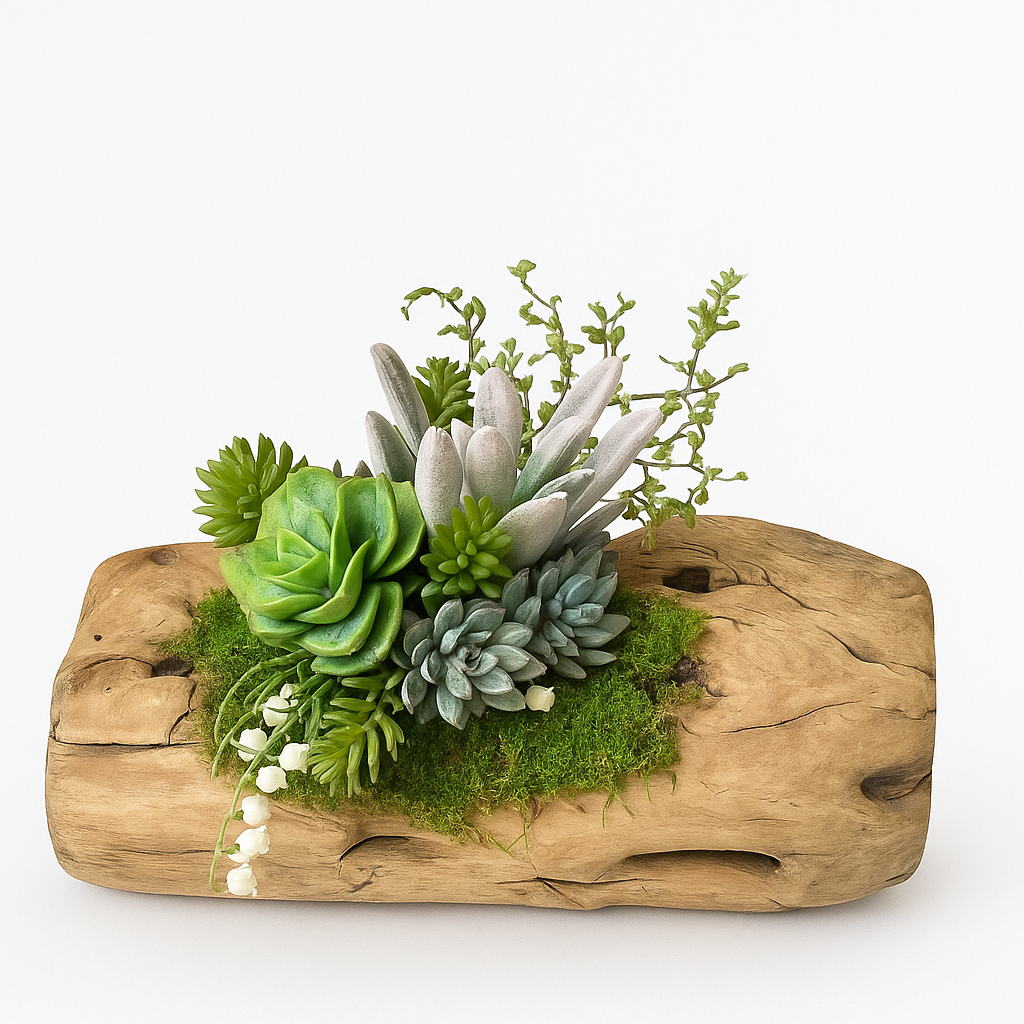 Succulent Arrangement in Driftwood Log