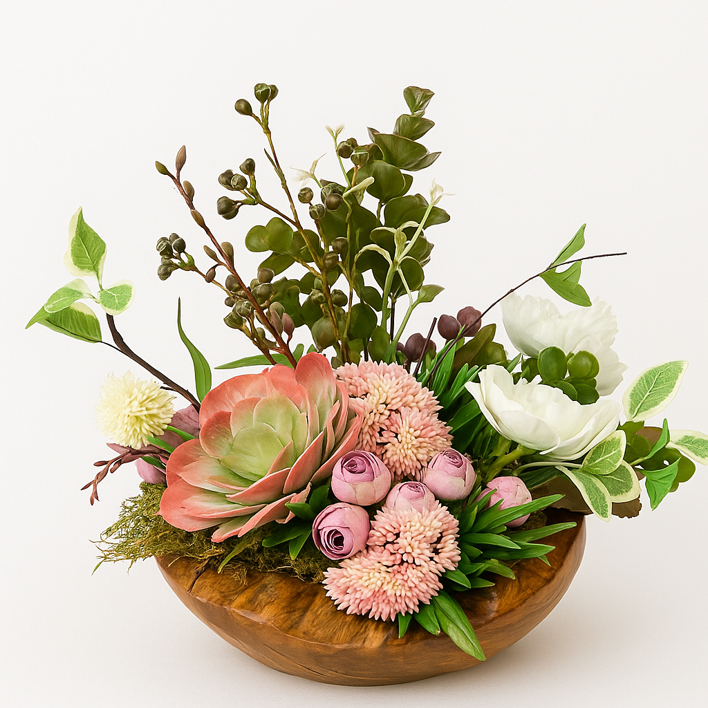 Succulent & Floral Centerpiece in Round Wood Bowl