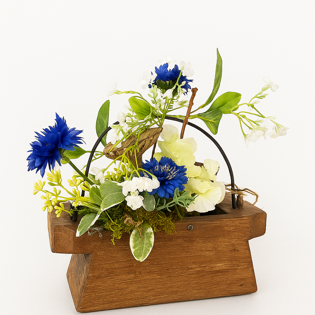 Blue & White Wildflower Arrangement in Rustic Wood Oil Pot