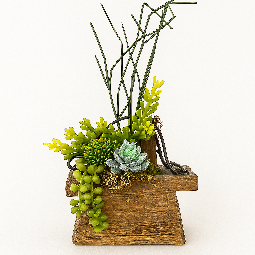 Succulent Arrangement in Rustic Wood Oil Pot