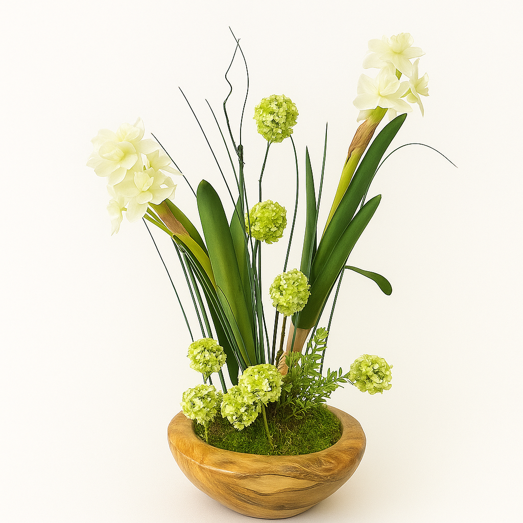 Tall White & Green Faux Floral Arrangement in Natural Wood Bowl