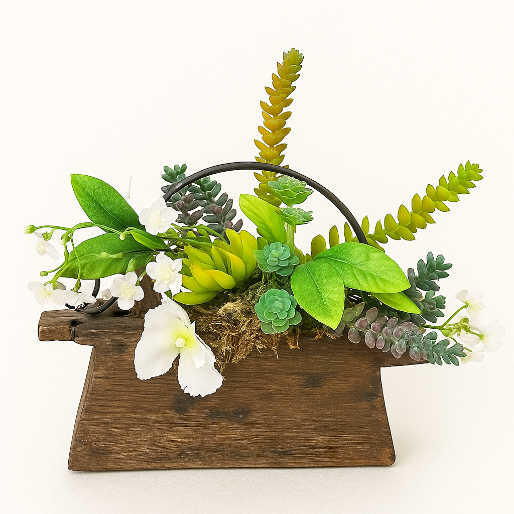 Succulent & White Bloom Arrangement in Rustic Wood Oil Pot
