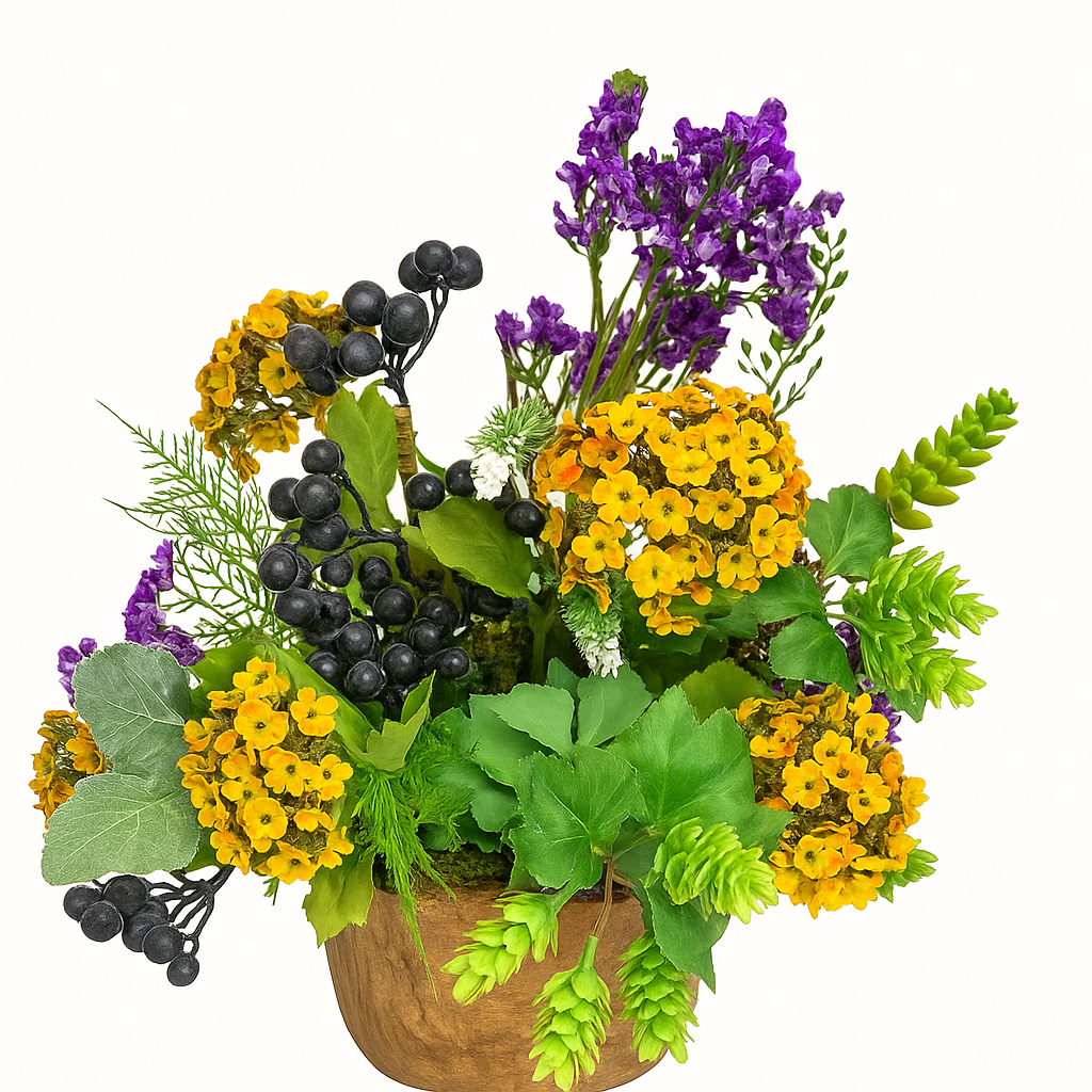 Rustic Wildflower & Berry Faux Arrangement in Wood Pot