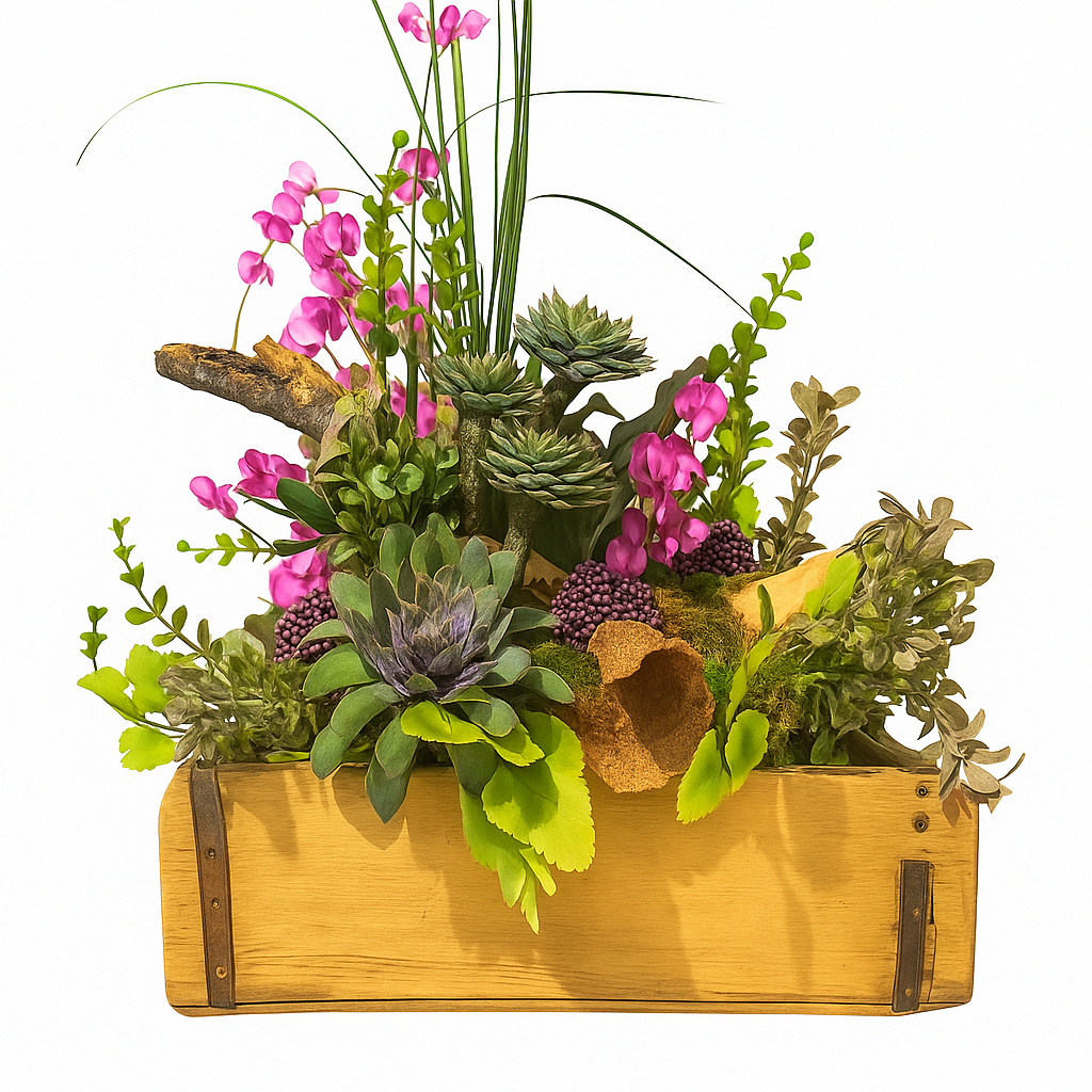 Succulent & Wildflower Arrangement in Wooden Crate