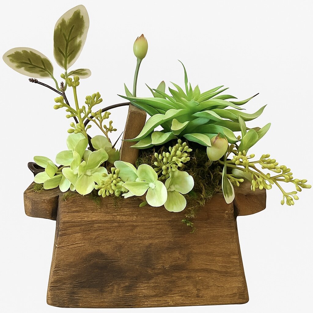 Succulent Garden in Rustic Wood Oil Pot