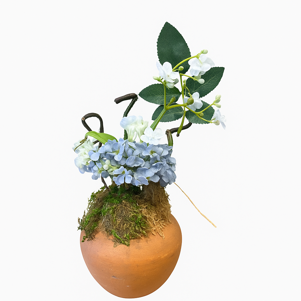 Blue & White Faux Floral Arrangement in Terracotta Pot