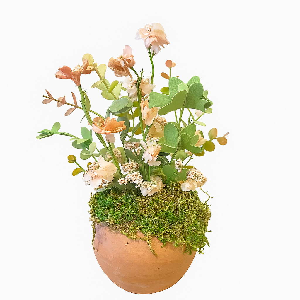 Peach Blossom & Eucalyptus Arrangement in Terracotta Pot