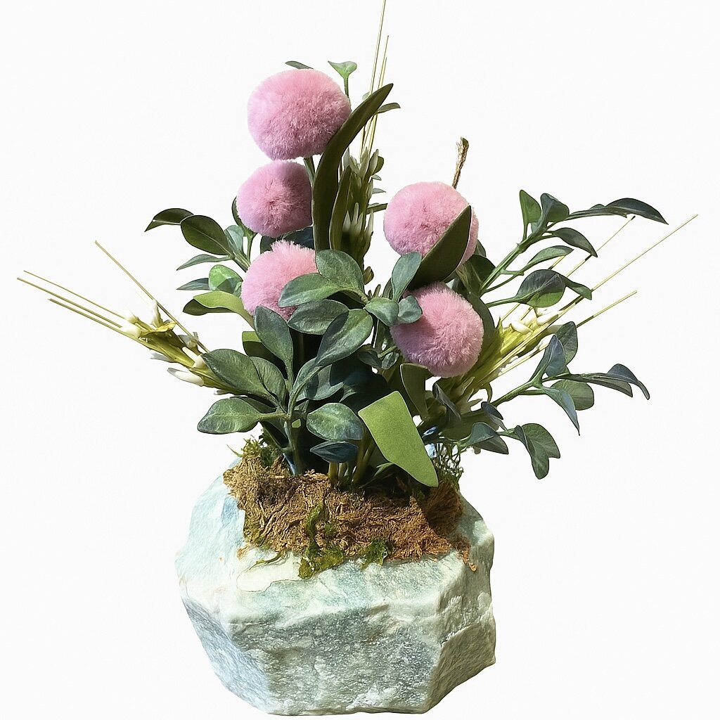 Pink Pom-Pom Floral Arrangement on Stone Base