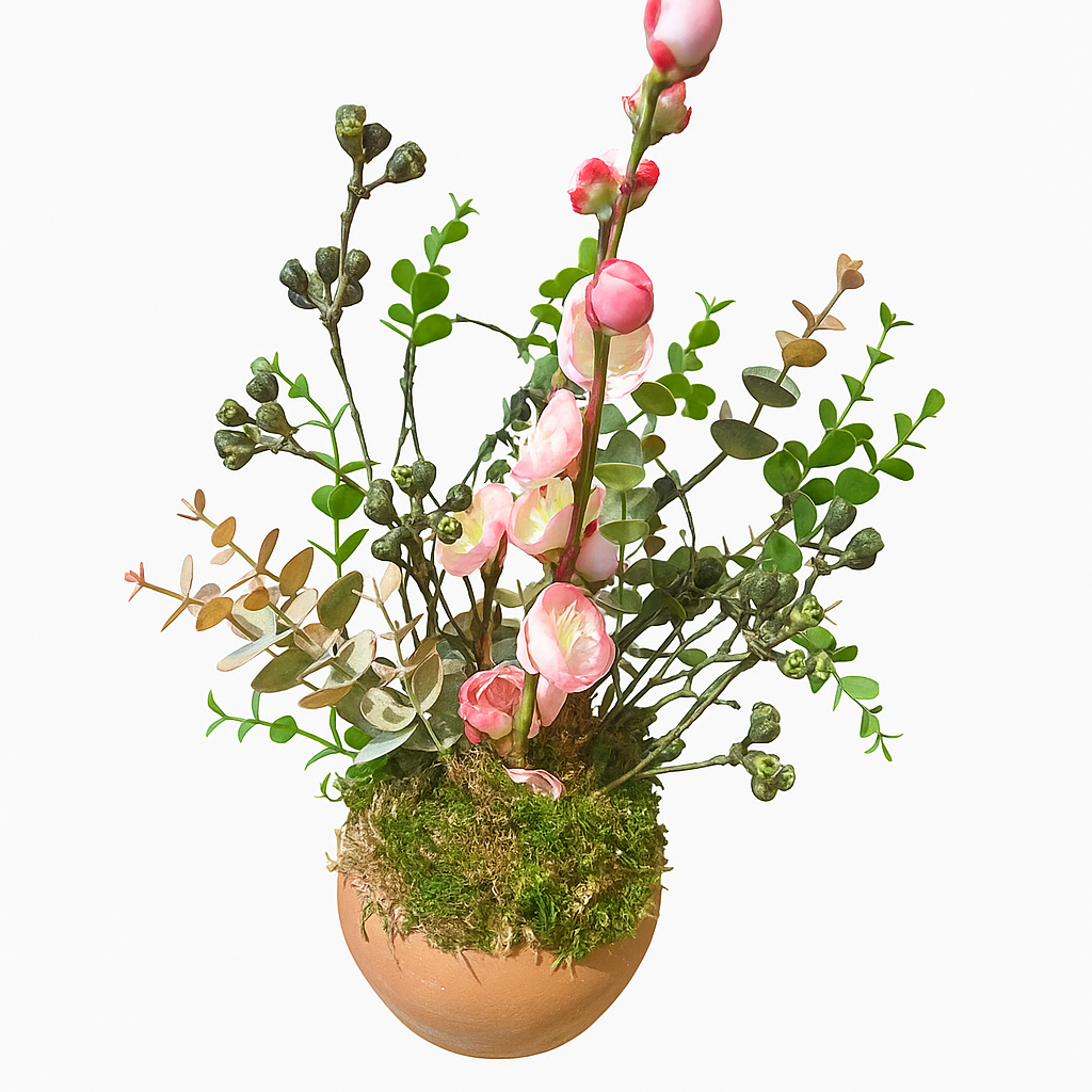 Pink Blossom & Eucalyptus Arrangement in Terracotta Pot