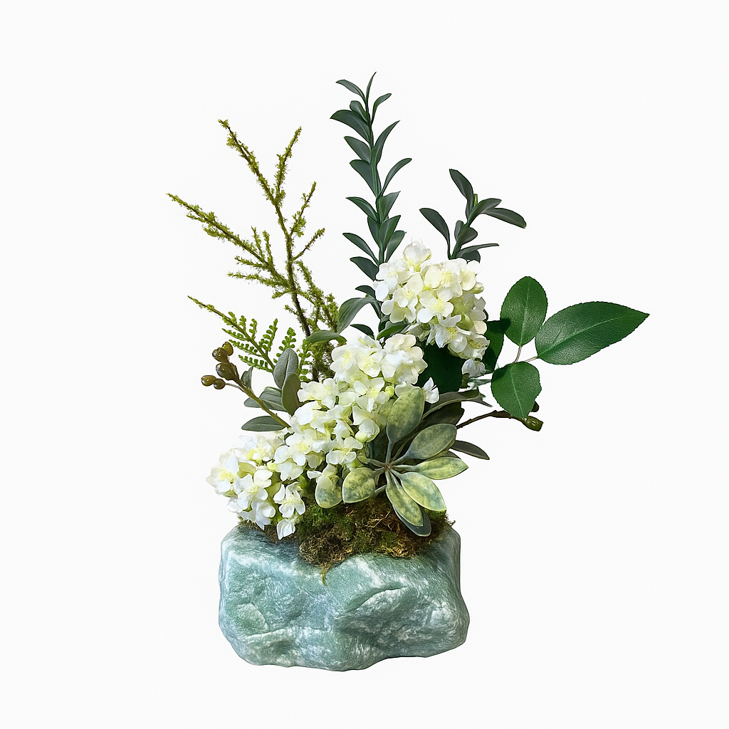 White Blossom Arrangement on Green Stone Base