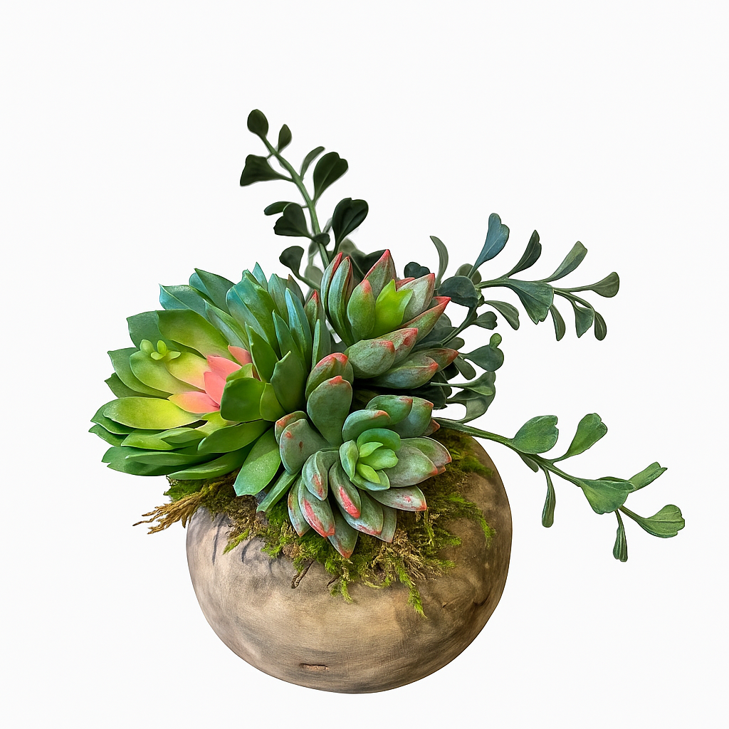 Succulent Trio in Natural Teak Ball