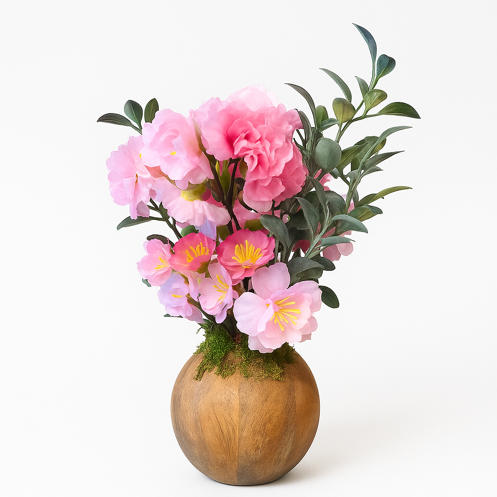 Blush Pink Bloom Arrangement in Rounded Teak Ball