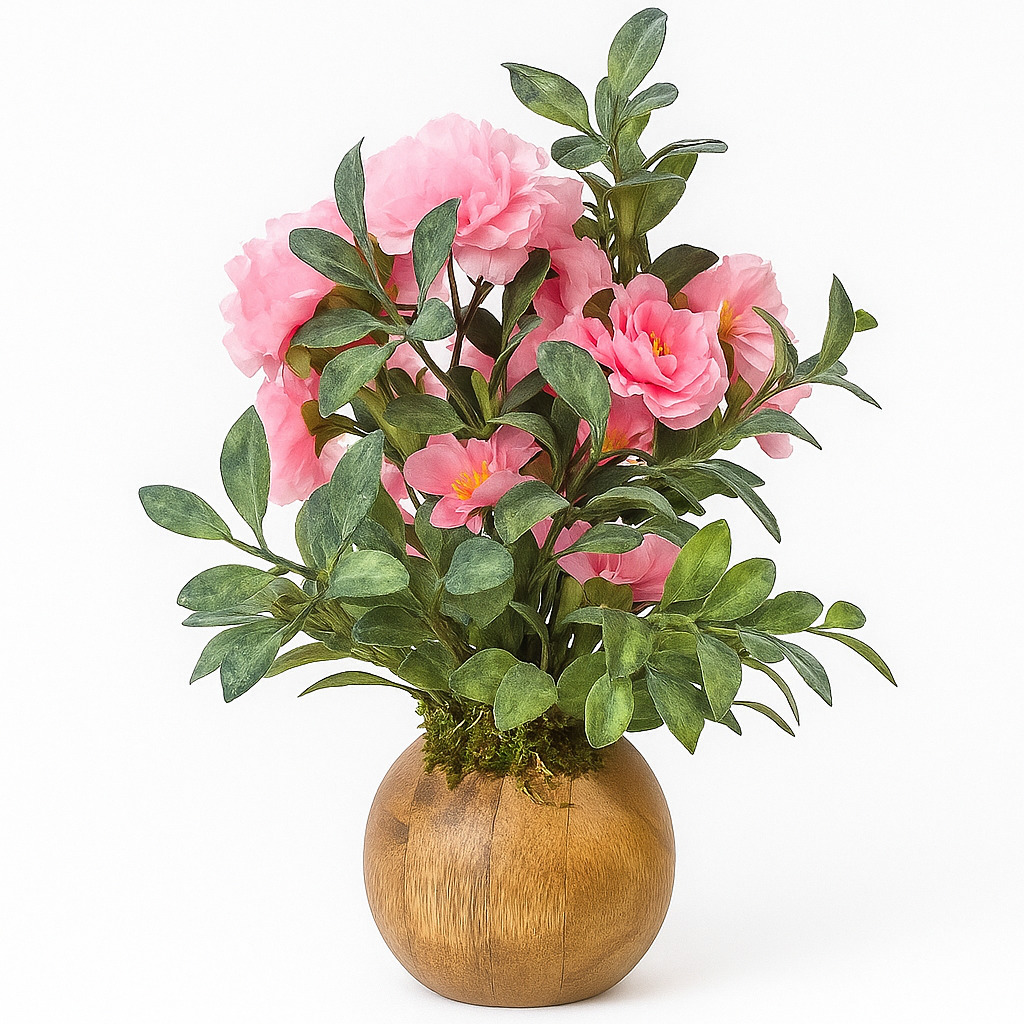 Pink Peony Floral Arrangement in Teak Ball