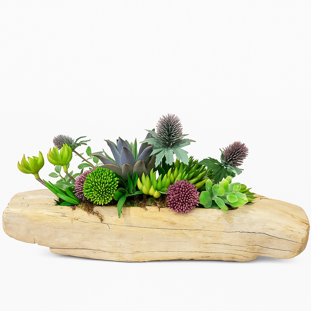Succulent & Thistle Arrangement in Driftwood Planter