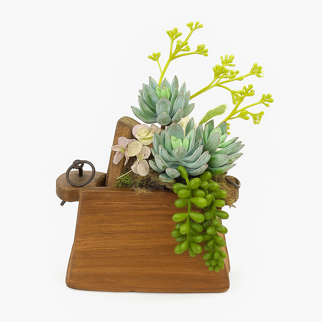 Succulent Arrangement in Hand Carved Oil Pot