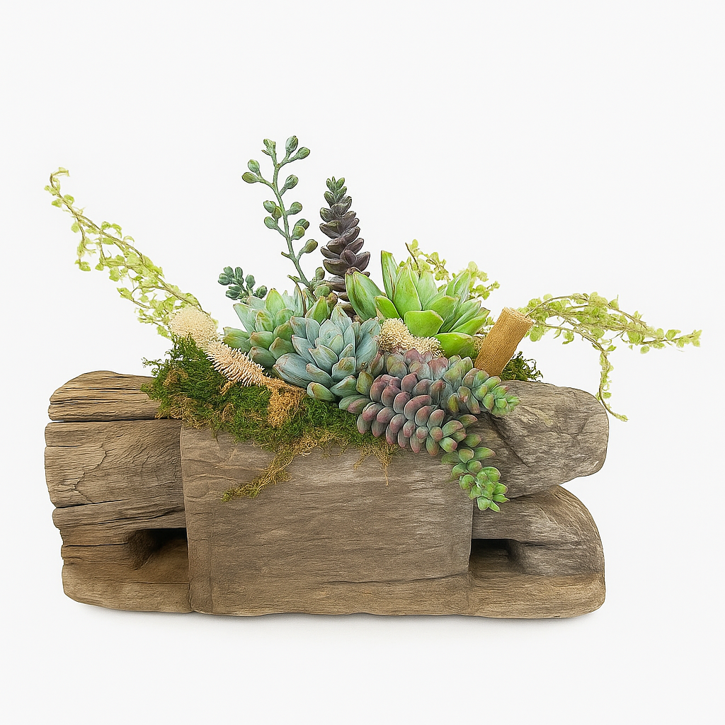 Succulent Arrangement in Rustic Wooden Beam
