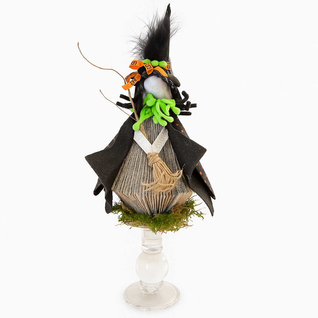 Handcrafted Halloween Book Witch with Green Accents