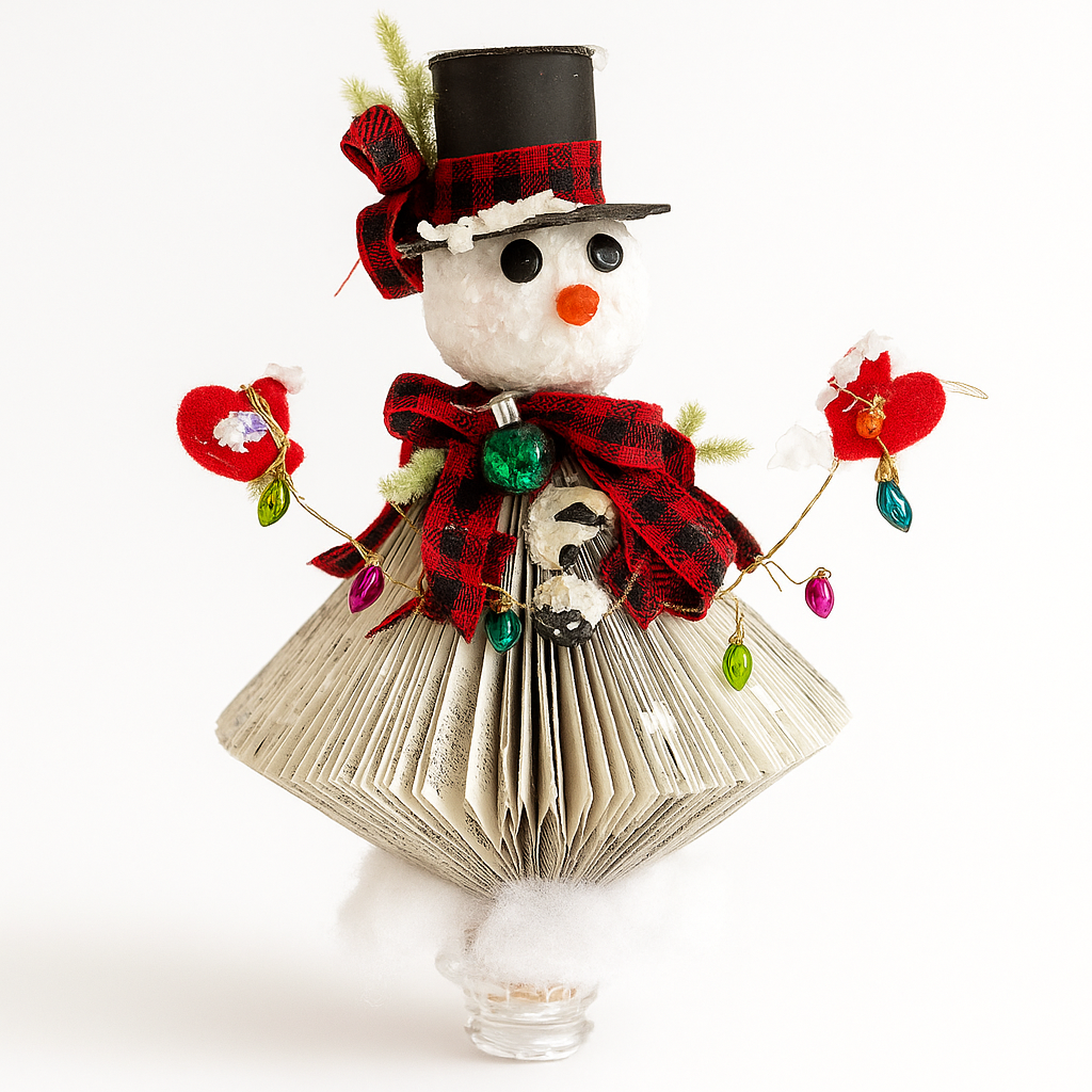 Handcrafted Book Snowman with Plaid Accents