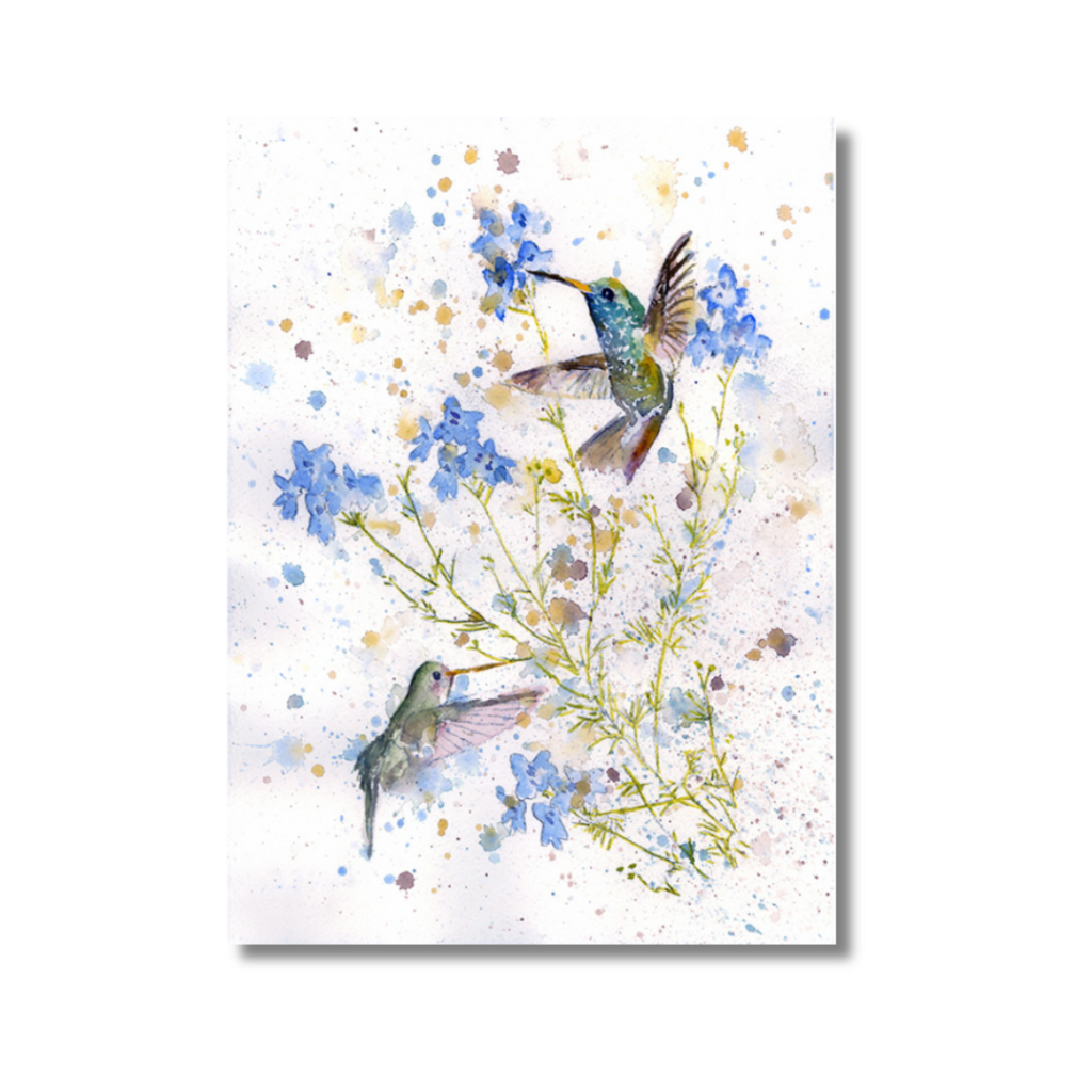 Hummingbirds and Blue Forget Me Not Flowers Greeting Card