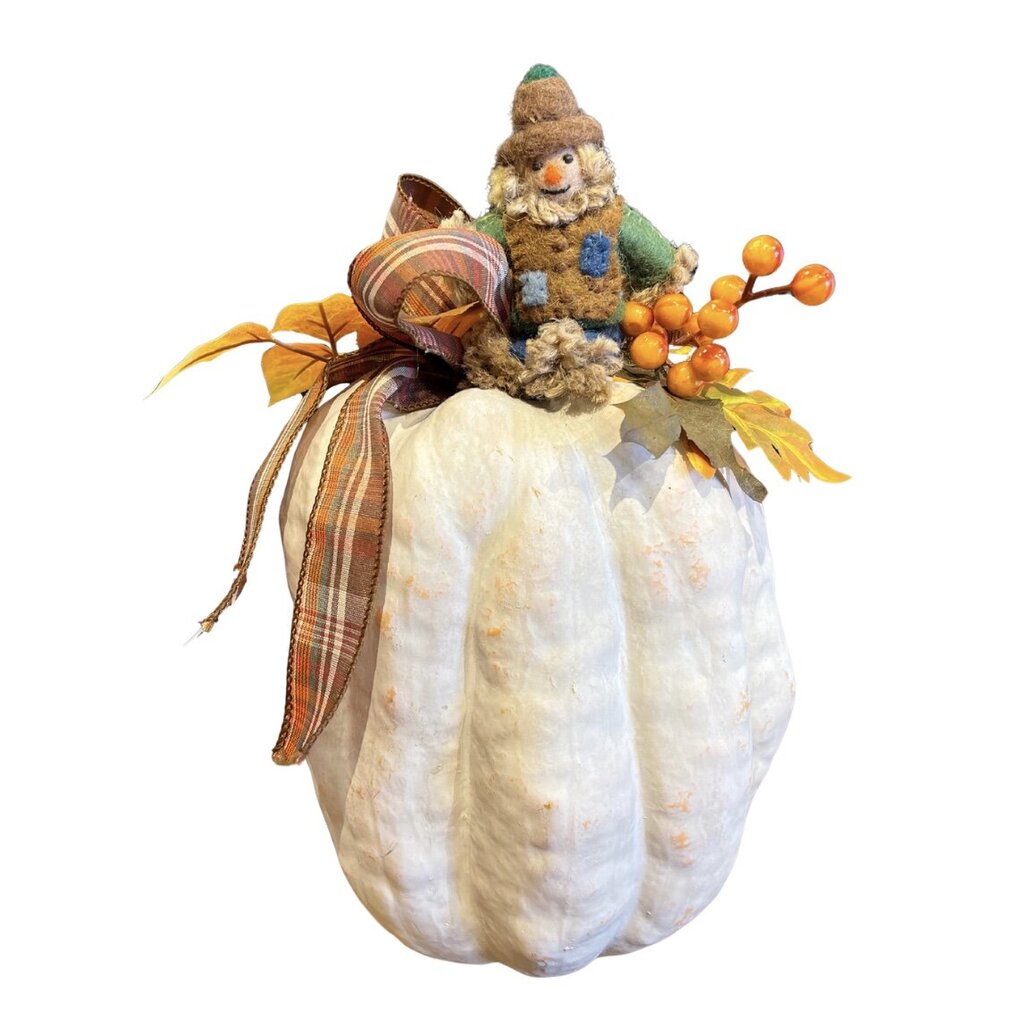 Tall White Pumpkin with Scarecrow Topper