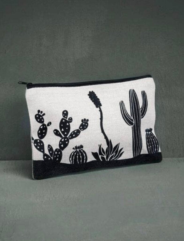 Desert Landscape Black and White Linen Makeup Bag