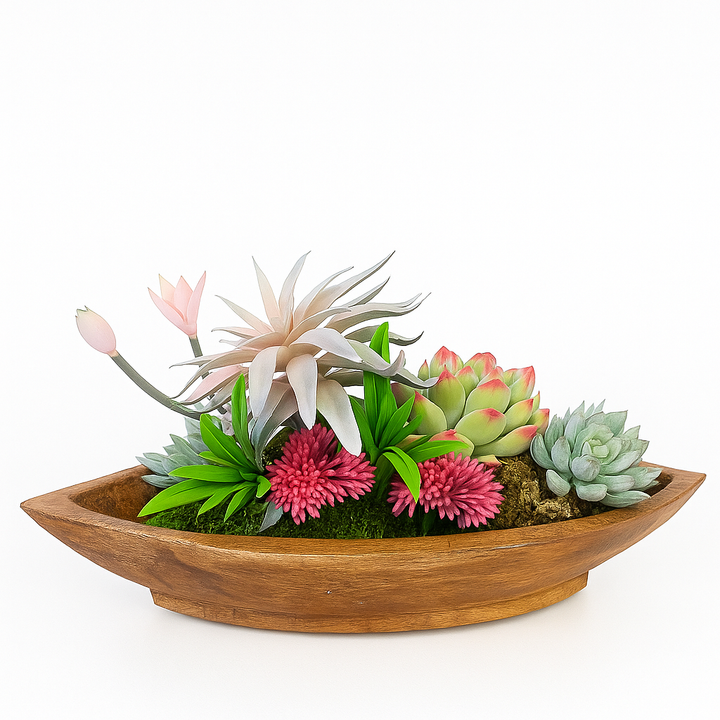 Colorful Succulent Arrangement in Wooden Boat Planter