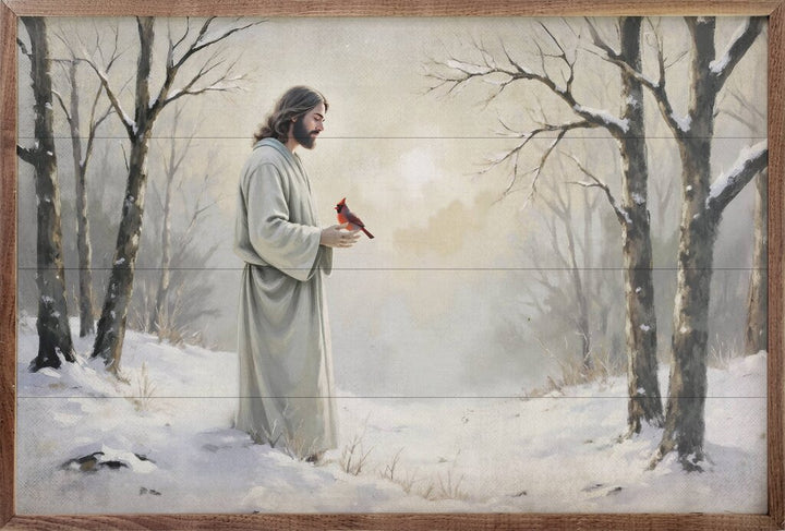 Cardinal And Jesus In Snow 16"x10"